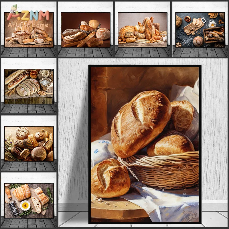 AZNM Realistic Fresh Baked Bread Still Life Painting Frameless Canvas Poster Bakery Kitchen Dining Area Wall Art Decor