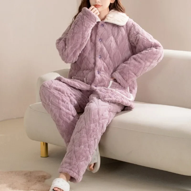 2024 New Winter Women's Pajamas Three Layers of Cotton Plush Thickened Warm Sleepwear Jacquard Velvet Loungewear Casual Homewear