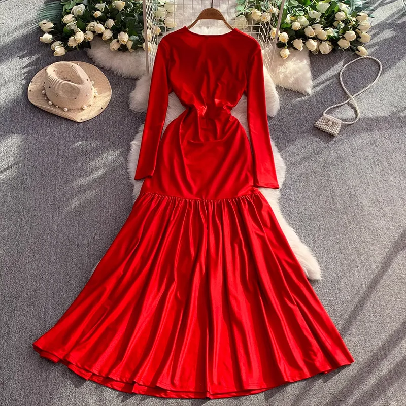 

Женское платье Pure Desire с v-образным вырезом во французском стиле, осенний дизайн, талия на шнурке, утягивающее платье русалки, длинное платье