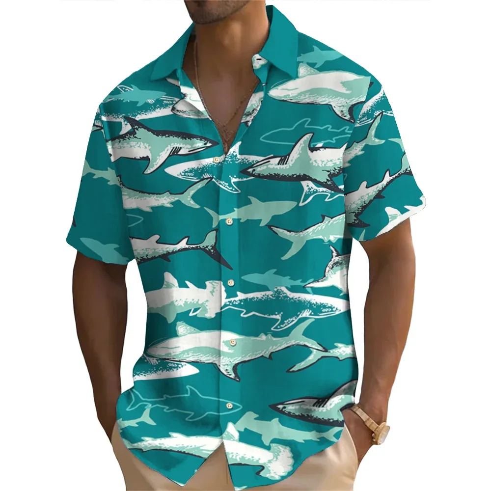 Hawaiian Shirt For Men Kawaii Shark Pattern Short Sleeved Shirts Casual Men's Streetwear New Loose Tops Oversized Original Shirt