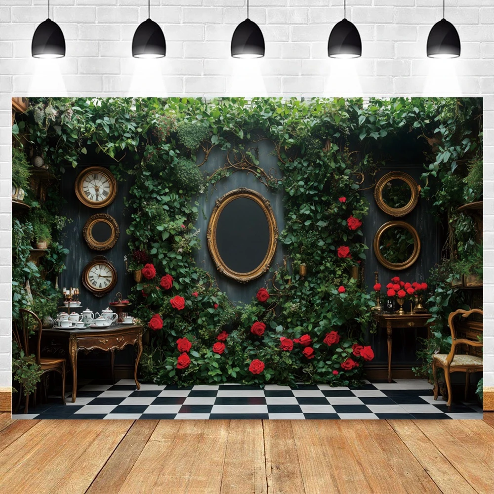 Fondo fotográfico de hojas verdes y rosas rojas del país de las Maravillas, telón de fantasía, cuento de hadas, decoración para fiesta de cumpleaños de niñas, estudio fotográfico