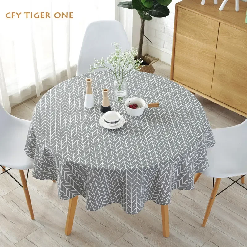 

American Cotton Linen Grey Geometry Yarn Dyed Round Tablecloth Coffee Table Cover Round Tassel Table Cloth for Party Dining Room