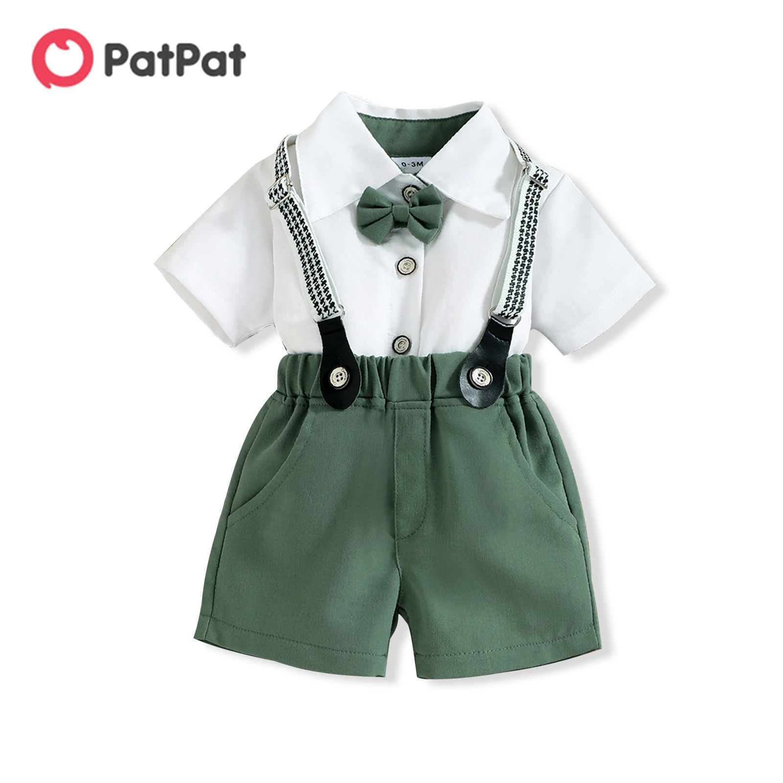 PatPat Baby Boy Short-sleeve Party Outfit Gentle Bow Tie Shirt and Suspender Shorts Set Perfect for Outings and Daily Wear