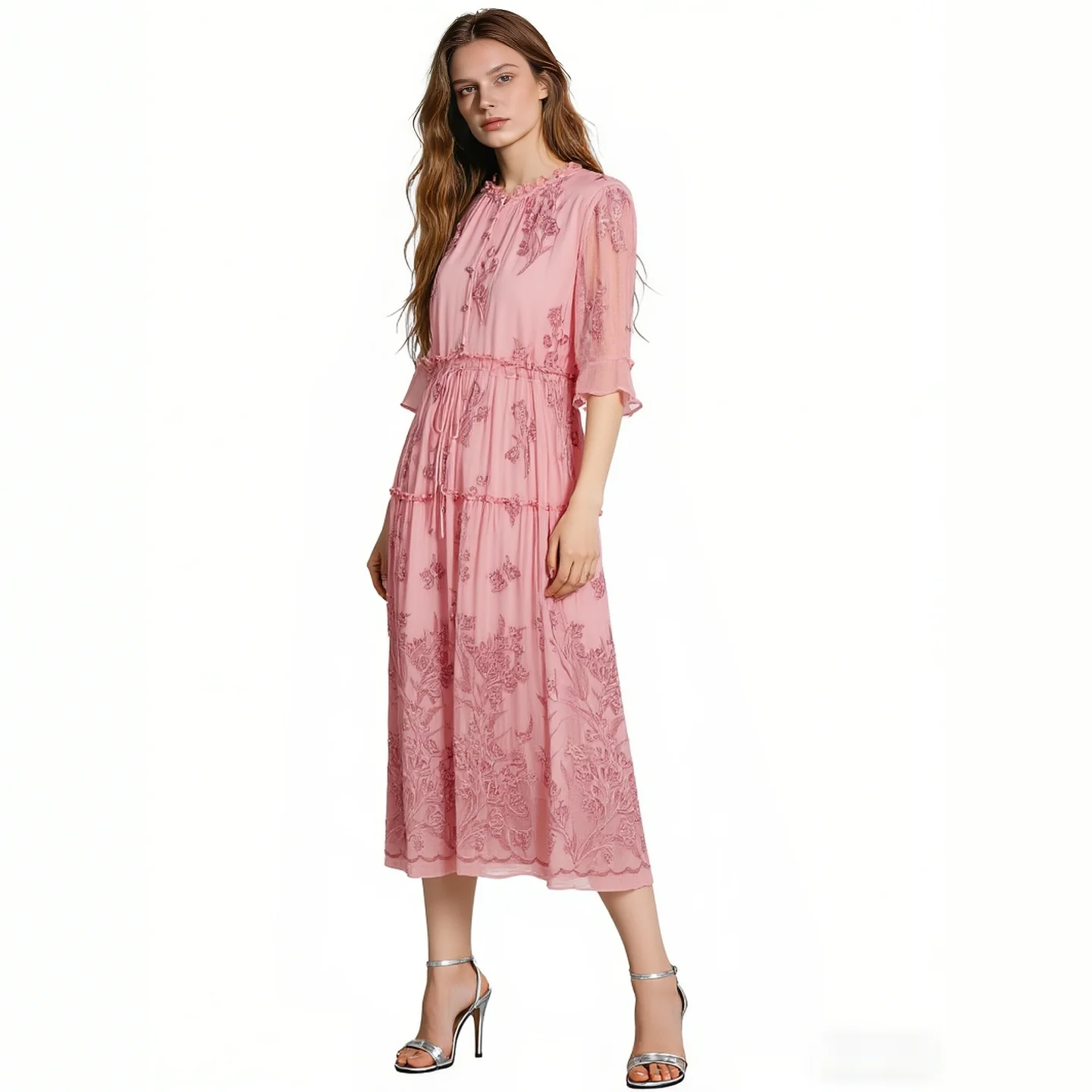 

2026 Spring New Pink Embroidery Midi Dress for Women, Elegant Mesh Patchwork Drawstring Waist A-line Party Dress