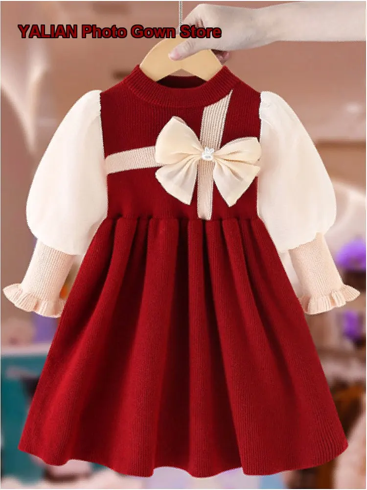 Girls Dress Kids Autumn Winter Christmas Princess Dress Polka Dot Hollow Out Elegant Thickened Warm Gown