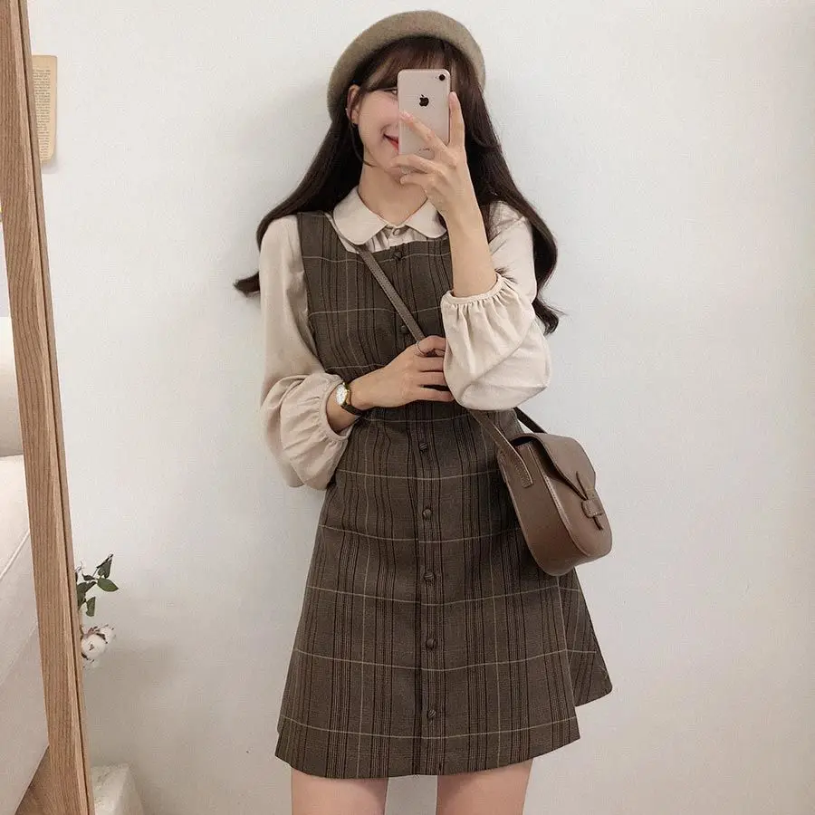 

Shirt Dress Plaid Button Preppy Apricot Long-Sleeved Shirt Style Cute Mini Dresses Women Korea Japanese Style Design Retro