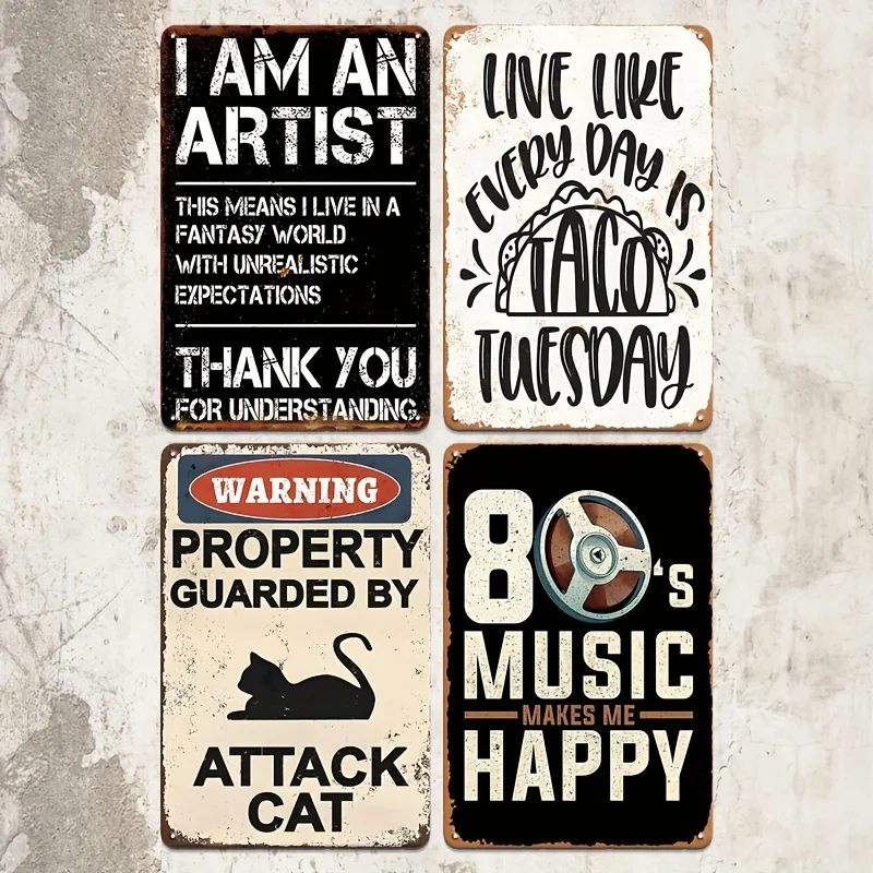 4pcs Metal Sign Set With Vintage Humor For Home& Garage Wall Decor - Quirky Phrases For Artist& Music Lovers, Retro Decorative