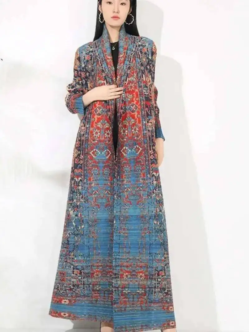 Trend Printed Niche Windbreaker Women's 2025 New Loose Oversized Long Sleeved Pleated Trench Cardigan Long Coat 2XMEC