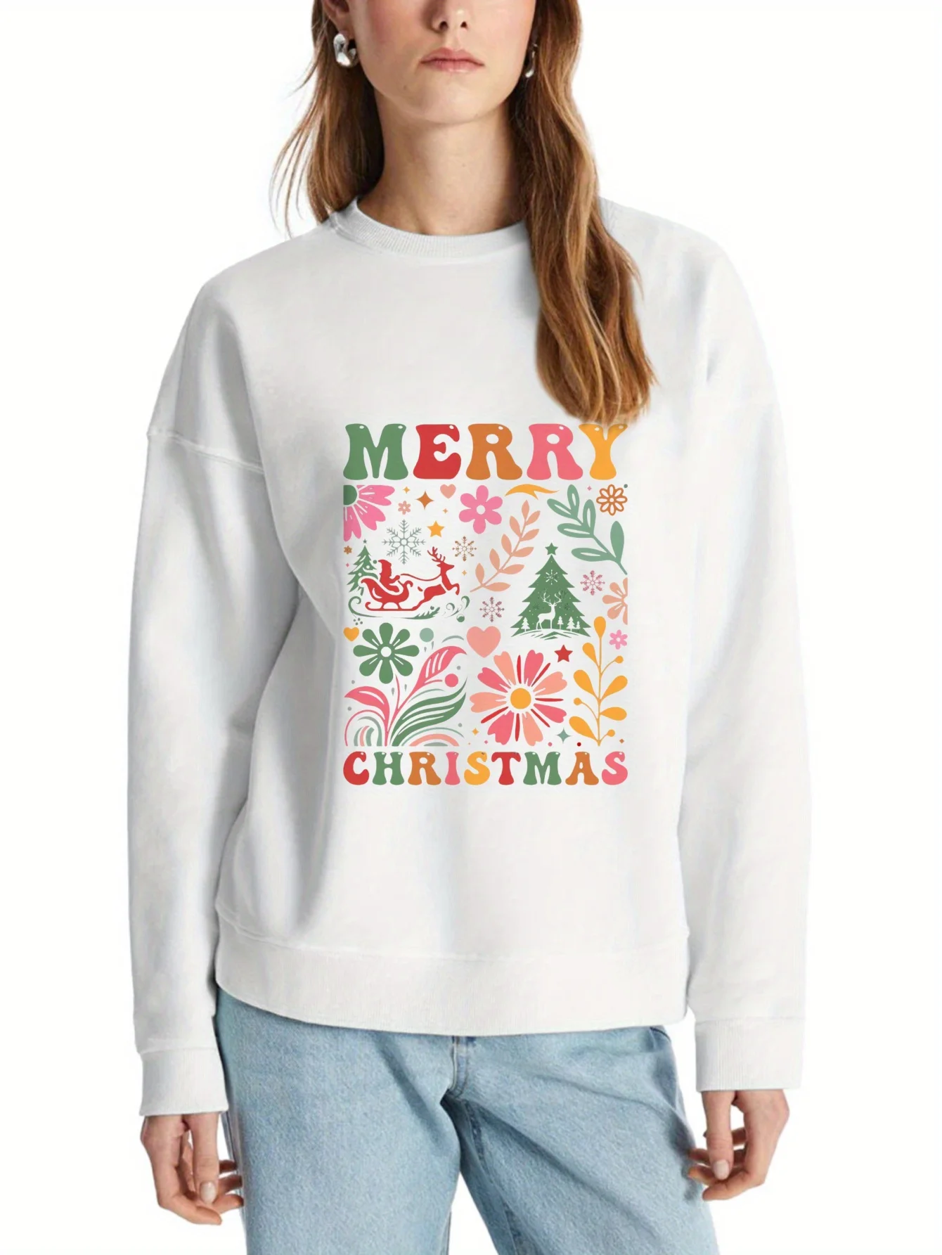 เสื้อสเวตเตอร์มีฮู้ดผ้าโพลีเอสเตอร์ผสมสีดำสำหรับสุภาพสตรี พร้อมลายพิมพ์ดอกไม้สุขสันต์วันคริสต์มาสและเกล็ดหิมะนุ่มๆ พร้อมลายต้นไม้