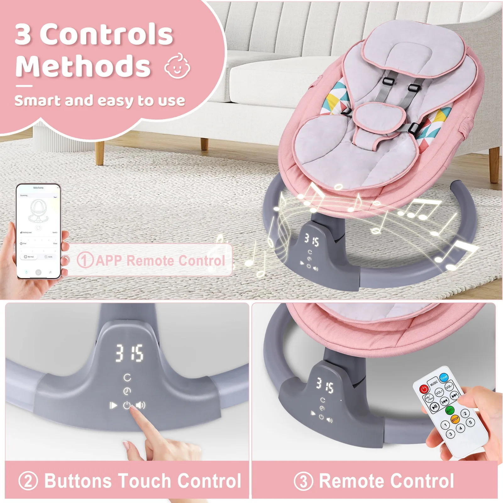 كرسي هزاز للأطفال، كرسي هزاز كهربائي للطفل، كرسي متأرجح تلقائي، حزام مقعد بخمس نقاط مع التحكم في تطبيق التحكم عن بعد #4