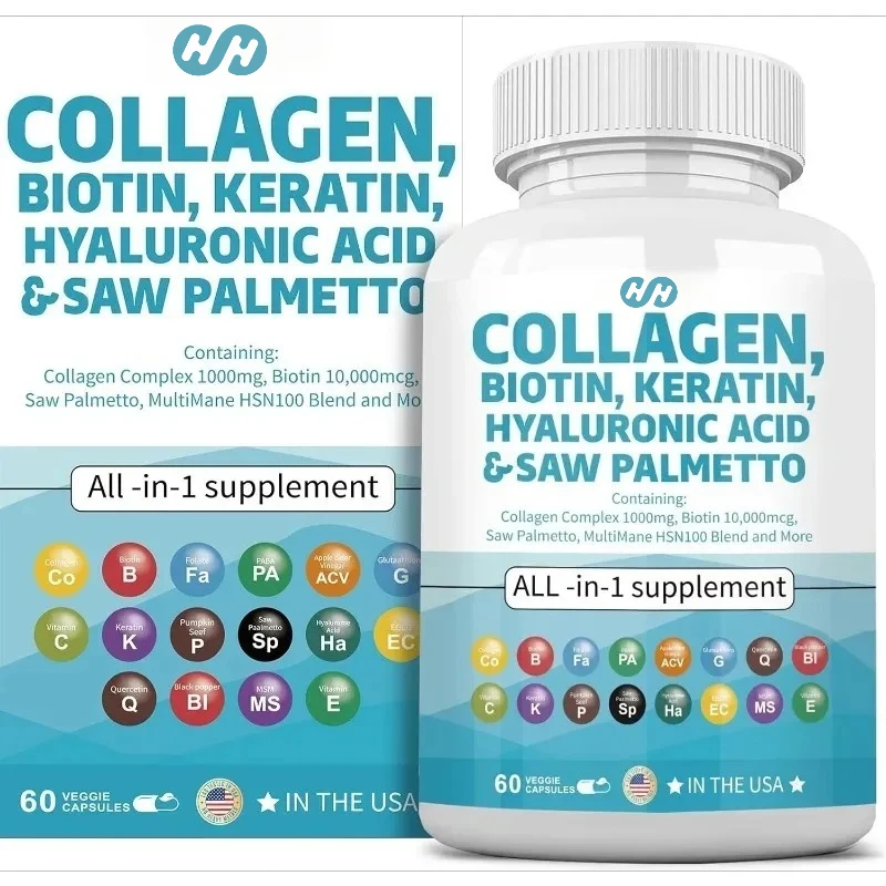 Collagen Pills,biotin,keratin Saw Palm,hyaluronic Acid， Hair,skin,and Nail Vitamins Containing Vitamin E, Folate, Pumpkin Seeds