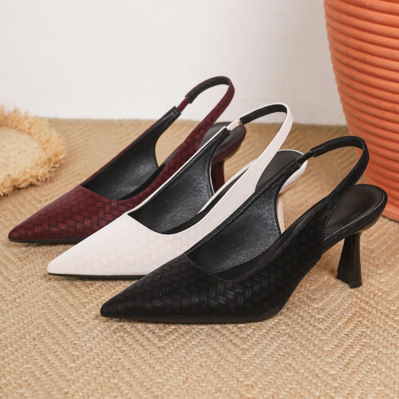 

Elegant Burgundy Woven Pointed Toe Heels Women Fashion Back Strap Stiletto Sandals Comfortable Shallow Office Shoe Zapatos Mujer