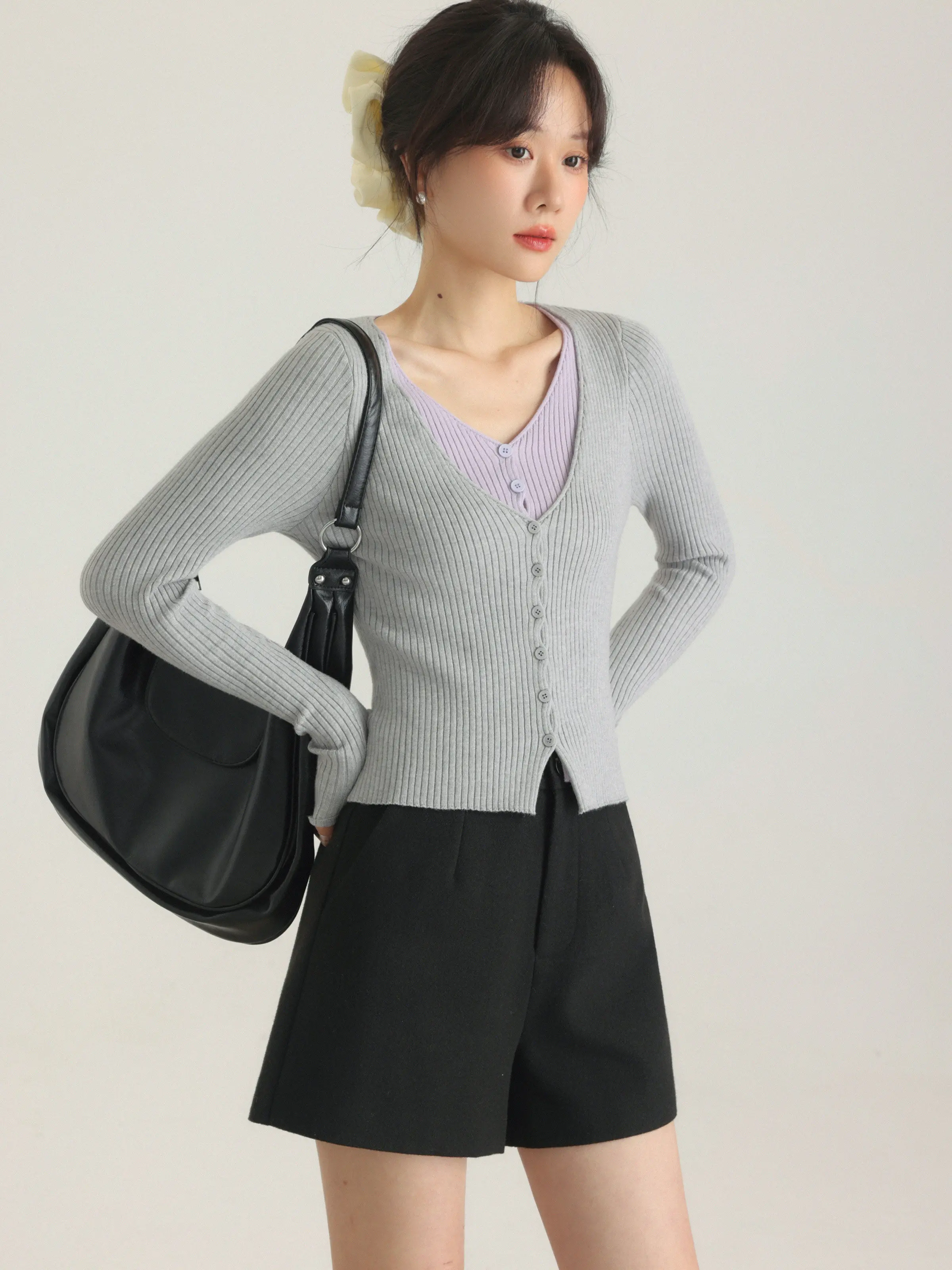 Layered V Neck Knit Cardigan Top for Women Lady Slim Fit Stretchy Long Sleeve Sweater Tee Spring Casual Daily Inner Wear Style