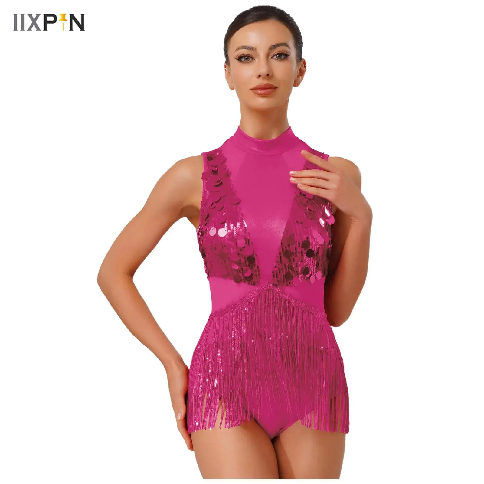 Justaucorps de danse latine Chacha pour femmes, métallique brillant, paillettes, pompon, sans manches, découpe au dos, Patchwork, body pour le patinage artistique Jazz