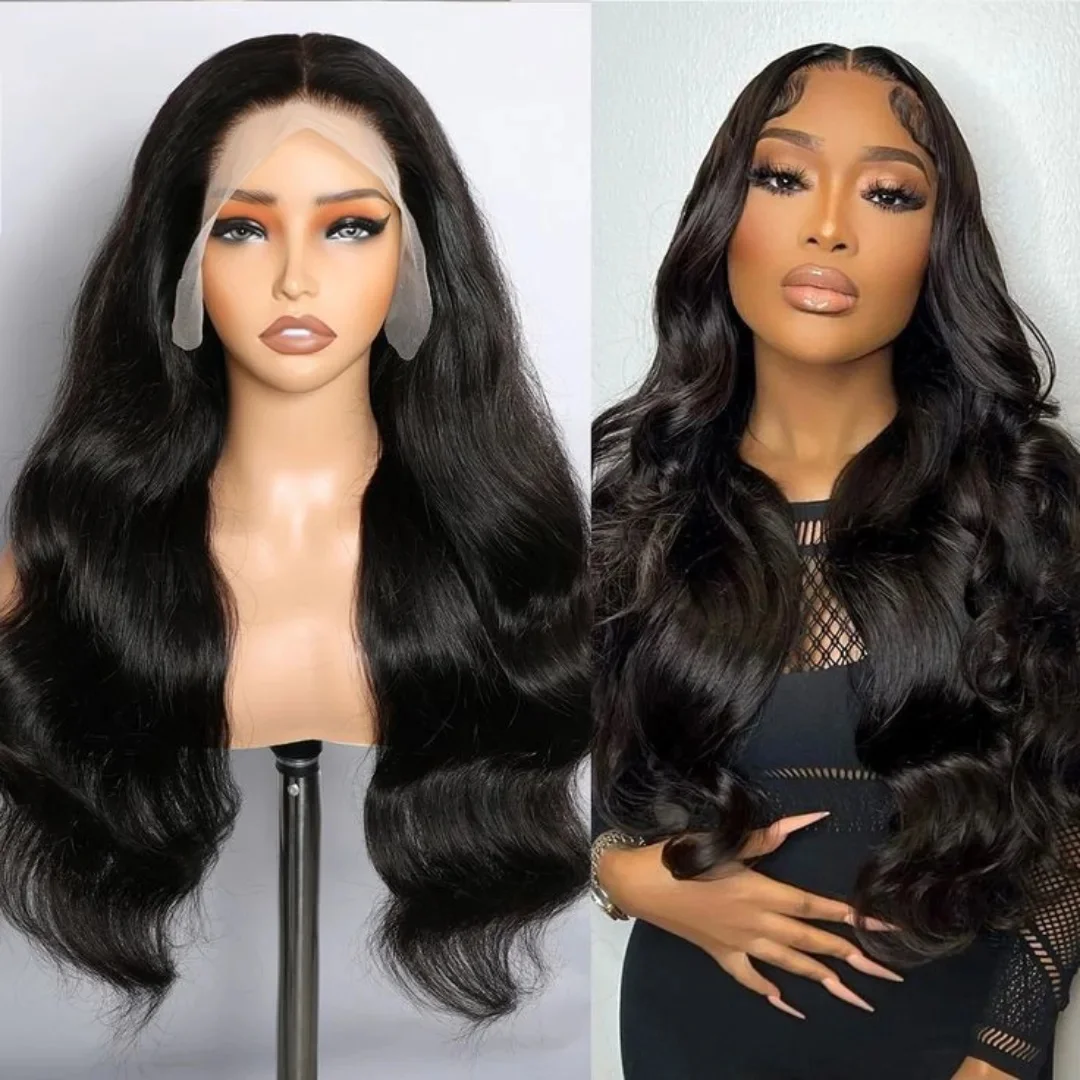 

13×6 Body Wave Lace Frontal Human Hair Wigs Transparent 220Density Natural Color Pre Plcked With Baby Hair Front Wig For Women1B