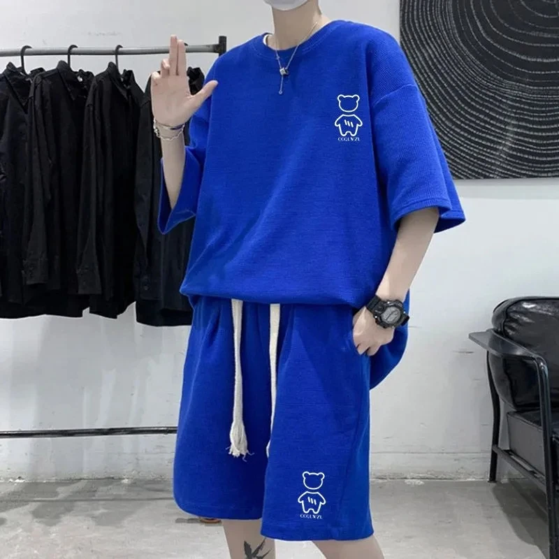 New Summer Waffle Men\'s Set Korean Fashion Short Sleeve Top Shorts 2-Piece Set Sportswear Trendy Tracksuit Jogging Suit Outfits