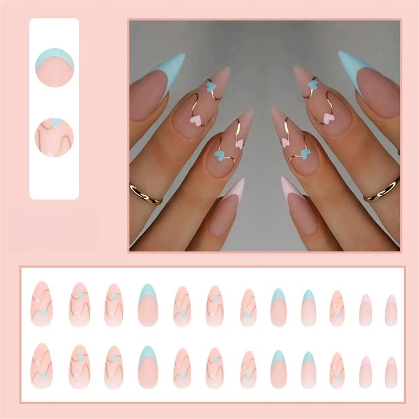 

24Pcs/Set Love Frosted French Press on Nail Tips Almond Artificial Stick Wearing False Nails Full Cover Handmade Fake Nail Art