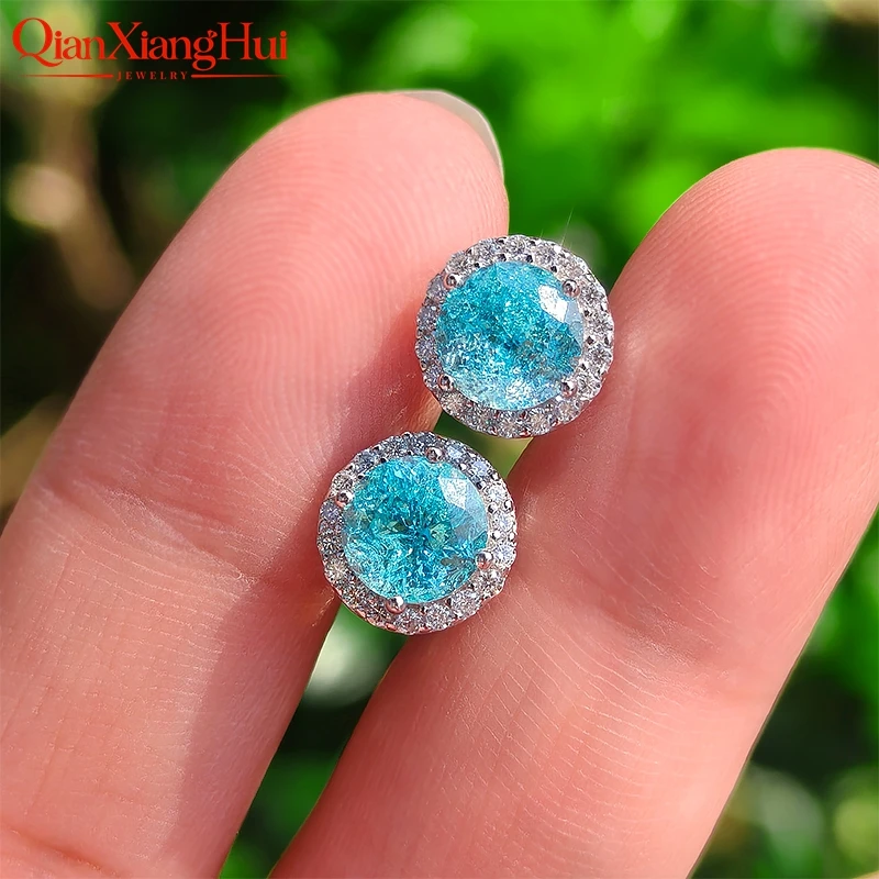 Lab Grown YAG Neon Paraiba Blue and Green with Inclusions 6mm Round Halo Moissanite Bezel S925 Silver with 8mm Earrings Jewelry