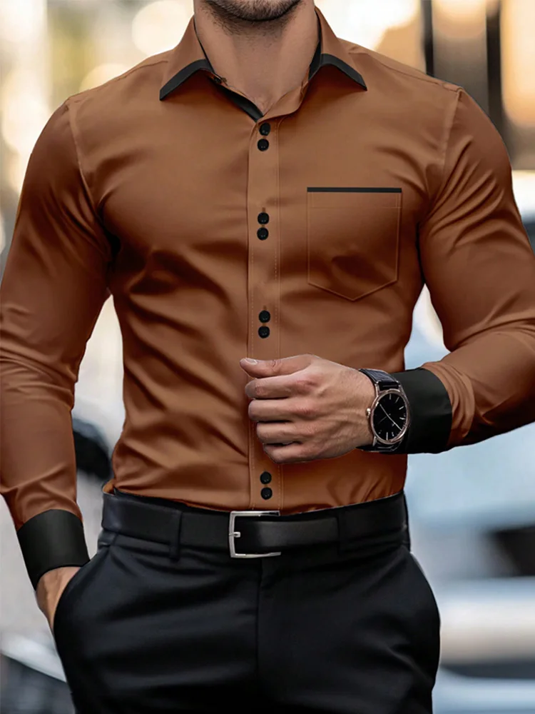 Men's Casual Business Long-sleeved Shirt, British Style Double Button Shirt, Slim Long-sleeved Lapel Shirt