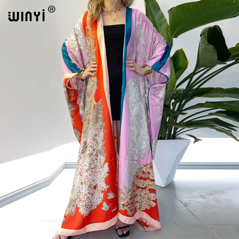 

WINYI Europe Middle East kimono Women Cardigan stitch kimono Cocktail sexcy Boho Maxi African Holiday Batwing Sleeve Silk Robe