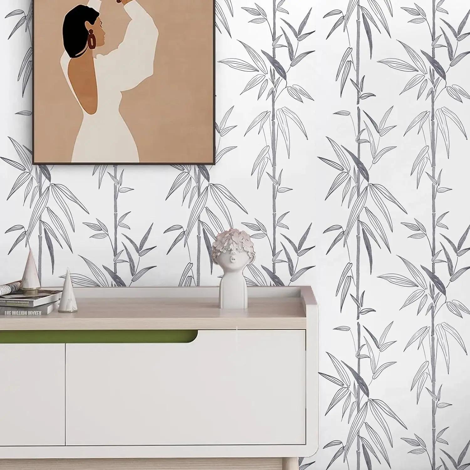 Artistic Bamboo Leave Peel And Stick Wallpaper Grey/White Contact Paper Self Adhesive Wallpaper For Home Bedroom Wall Decoration