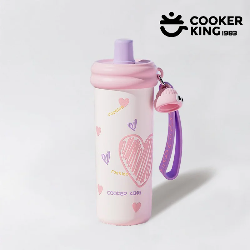 COOKER KING 600 ml Thermoskanne aus süßem Zuckerstroh, 316 Edelstahl + PP, Fitnessstudio-Wasserflasche mit Strohhalmdeckel, Wasserflasche für Studenten