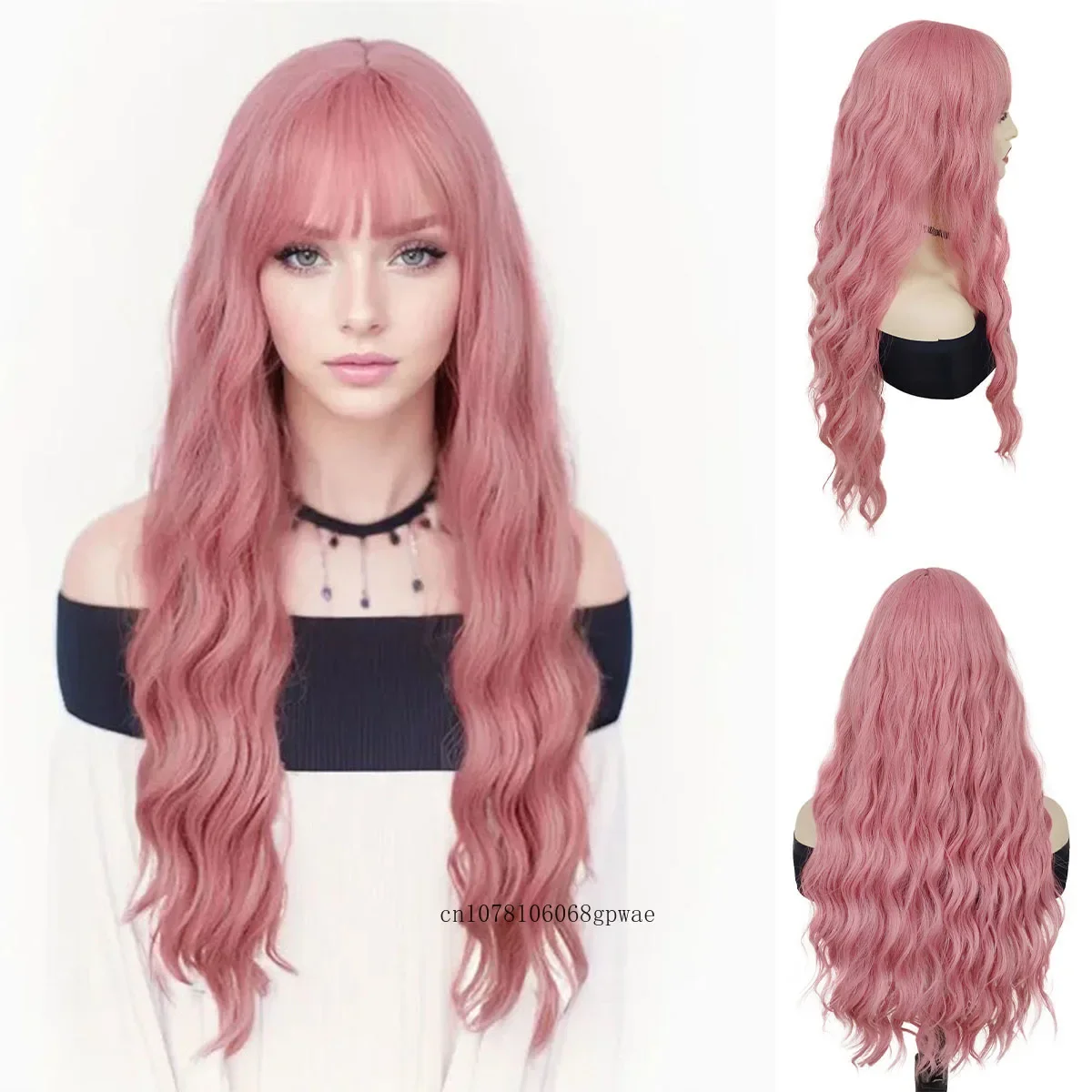 Pink Wigs Synthetic 28 Inch Long Water Wavy Wig with Bangs for Women Girls Halloween Wig Costume Party Christmas Heat Resistant