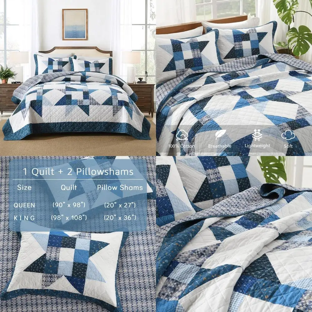 

Роскошный комплект хлопковых одеял в стиле пэчворк со звездами, двусторонний покрывало из трех предметов, синий и белый, размер королевы