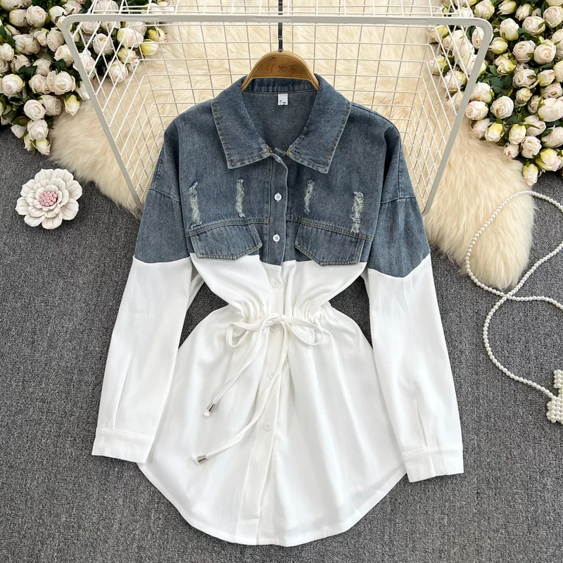 KUSAHIKI Demin Blouse Women 2023 Autumn Hit Color Patchwork Shirts Causal Korean Fashion Drawstring Slim Waist Jeans Blusas