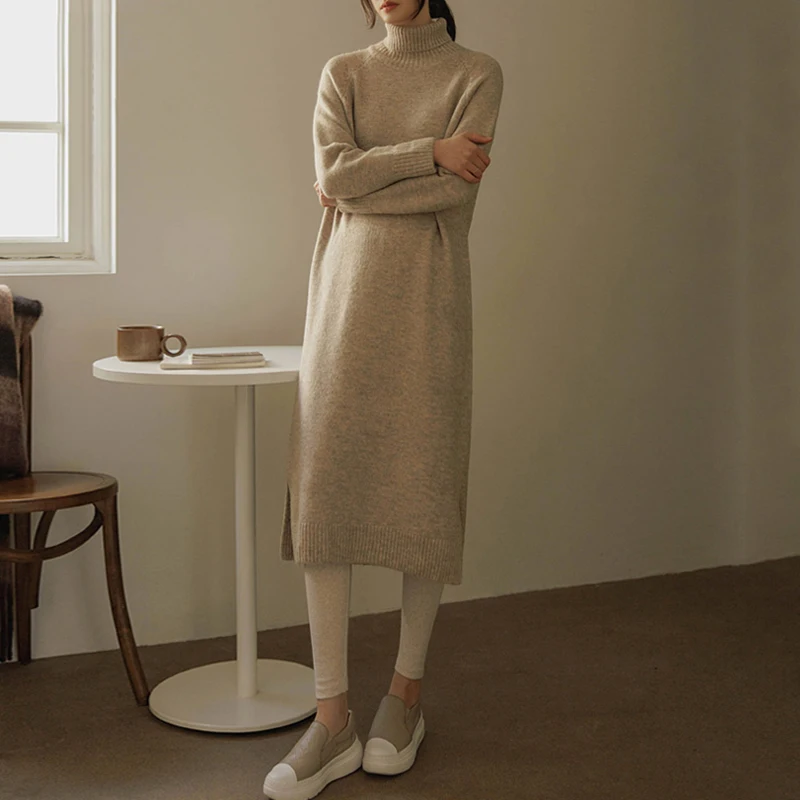 

New Women Autumn Winter Long Turtleneck Sweater Fashion Long Sleeve Loose Mid-Calf Knitted Dress Casual Simplicity Sweater Dress