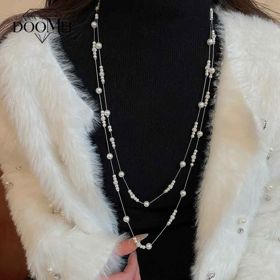 DOO MEI Multi Layer Pearl Necklace for Women Elegant Rhinestone Inlaid Long Sweater Chain Luxury Wedding Daily Wear Jewelry