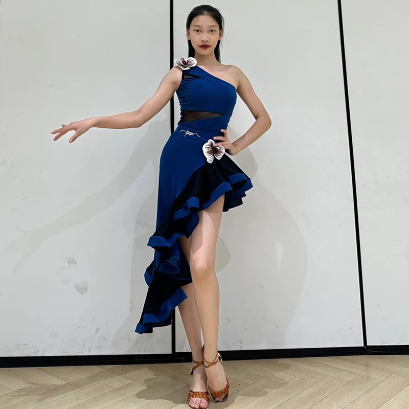 New Latin Dance Performance Costume Oblique Shoulder Flower Dress Rumba Dance Dress Adult Latin Competition Clothing DNV19044