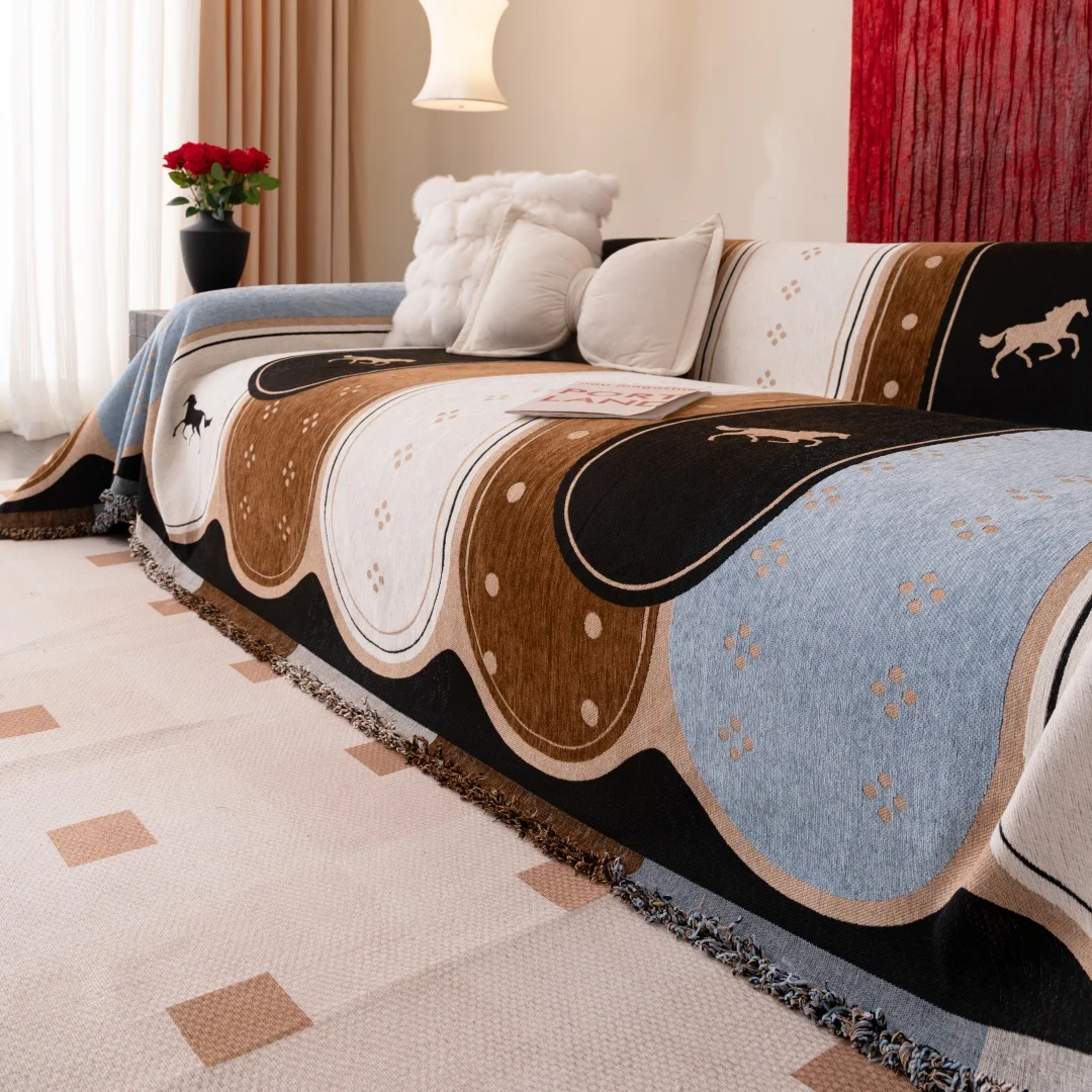 1 Stück elegantes Halo-Linien-Jacquard-Chenille-Sofahandtuch mit Fransen, ganzjährige Sofa-Überwurfdecke – hochwertiger Sofabezug für die Inneneinrichtung