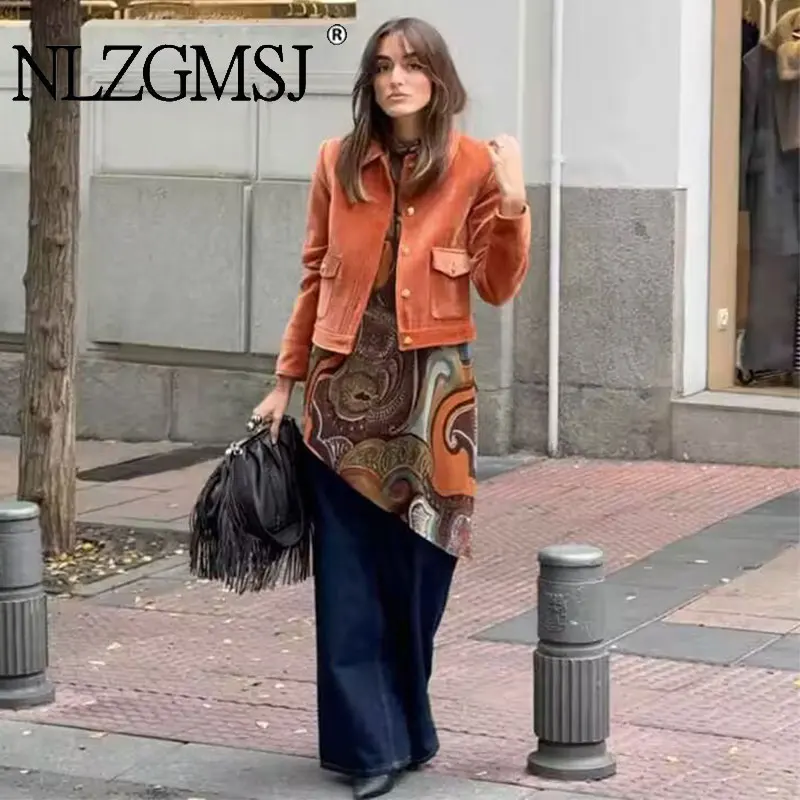 NLZGMSJ Women Motorcycle Jacket 2026 Spring New Long Sleeve Button Suede Loose Short Coat Female Crop Top Y2K