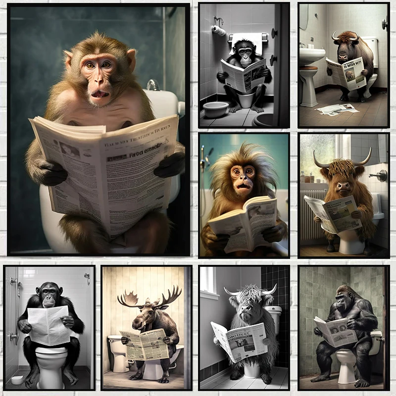 

Funny Monkey Highland Cow Sitting on The Toilet Reading A Newspaper Poster Animal Canvas Painting And Print Bathroom Wall Decor