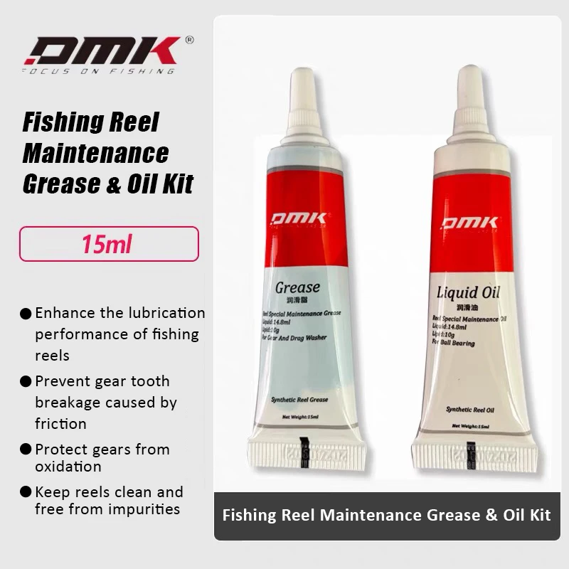 

DMK Fishing Reel Maintenance Set - 15ml Liquid Oil + 15ml Grease, High Performance Lubricant for Baitcasting & Spinning Reels