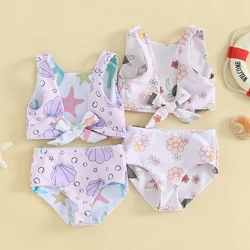 Kids Girl Two Piece Swimsuits Summer Swimwear Shell/Flower Print Knotted Tankini and Elastic Shorts Bikini Bathing Suits