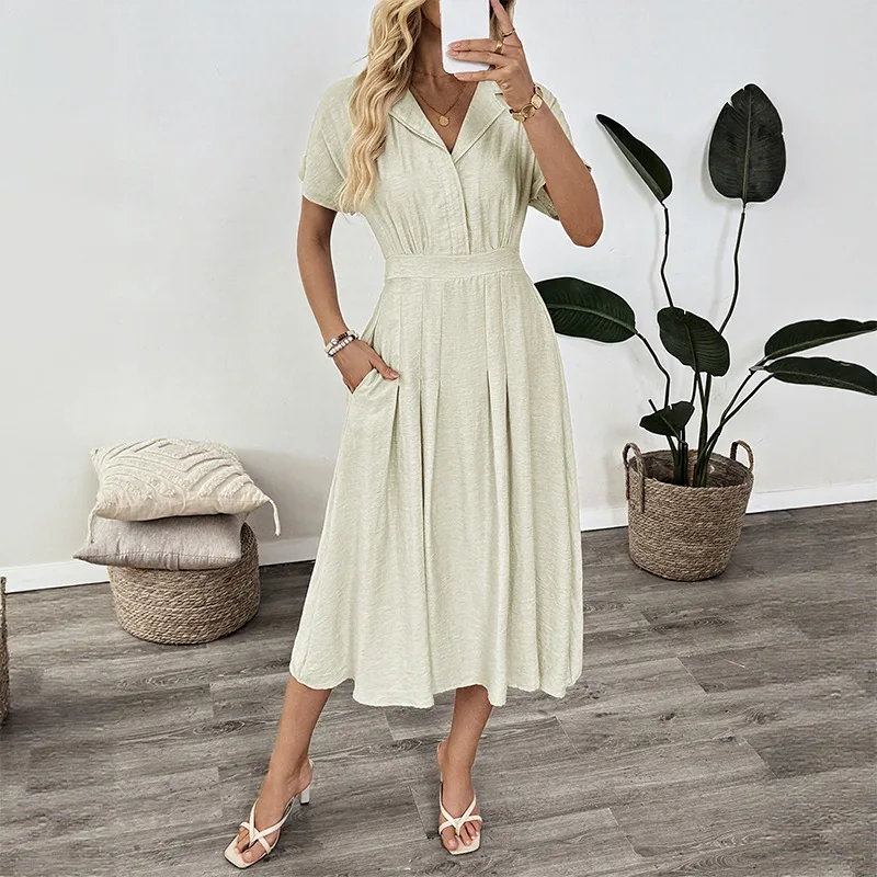 Damesmode Lente Zomer Stijl Chique Nieuwe Kraag Taille Rok Grensoverschrijdende Hoge Intelligentie Commuter Pocket Shirt Jurk