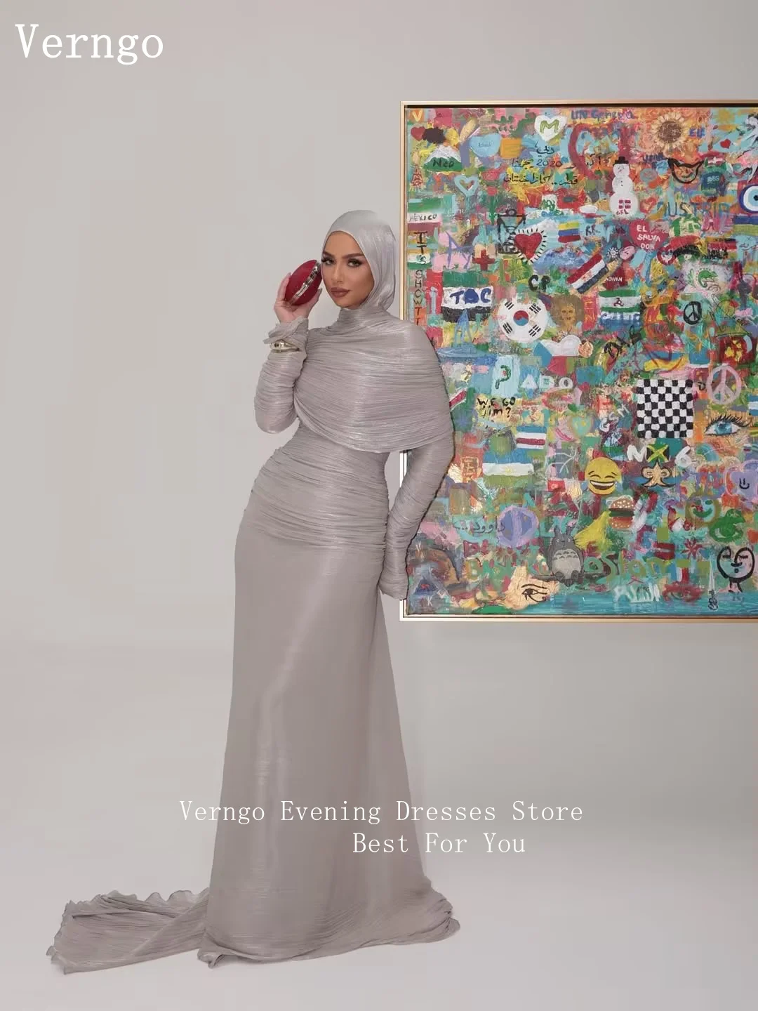Verngo Gray Shiny Satin Evening Dress High Neck Full Sleeves Mermaid Prom Gown Pleated marmarhalim Dress Customized