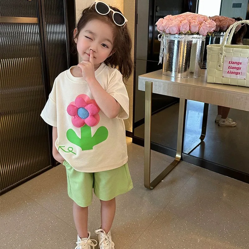 Girls 3D Flower Set Summer Green Fashion Children Suit 2-8 Years Old Casual Shorts Short Sleeved Sports Two-piece Set