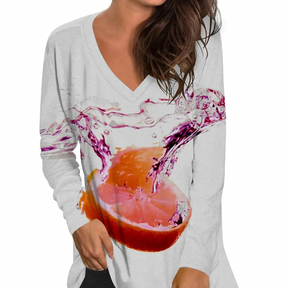 

Autumn Winter Long Sleeves Korean Fashion V-neck T-shirt For Women 3D Printed T-shirts Ladies Casual Top Tee Woman Clothes