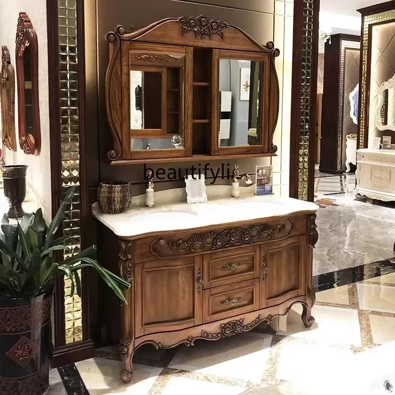 

European bathroom cabinet double basin solid wood bathroom cabinet red oak antique washstand combination mirror cabinet6239