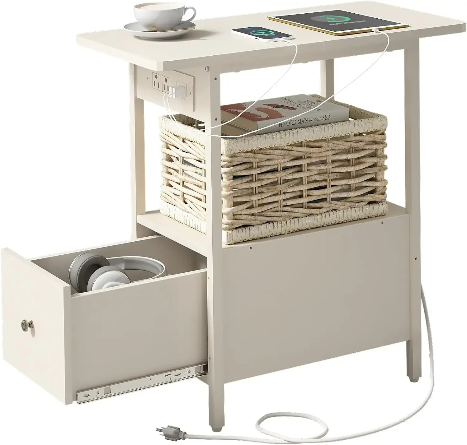 Narrow Side Table with Drawer and USB Ports & Power Outlets, Nightstand Bedside Tables