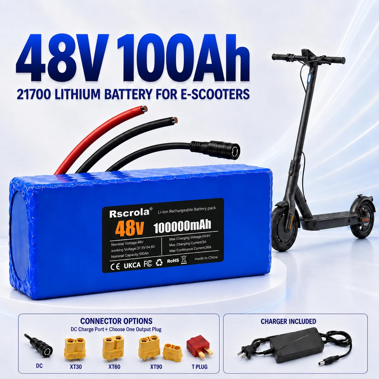 48V 100Ah Rechargeable 21700 Lithium Battery Pack with Smart BMS Charger DC XT30 XT60 XT90 T Plug for E-Bike Scooter