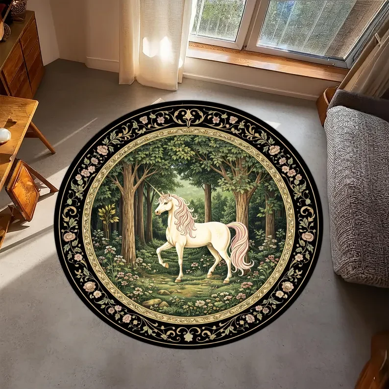 Fantasy Unicorn Forest Pattern Area Carpet Mat Rug Home Decoration Medieval Vintage Modern Living Room Floor Rug Carpet