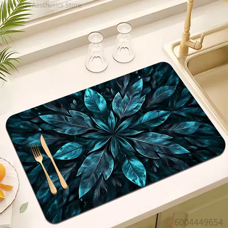 Botanical Floral Folk Kitten Art Print Super Absorbent Drying Mat Waterproof Kitchen Counter Drain Pad Decor Placemat