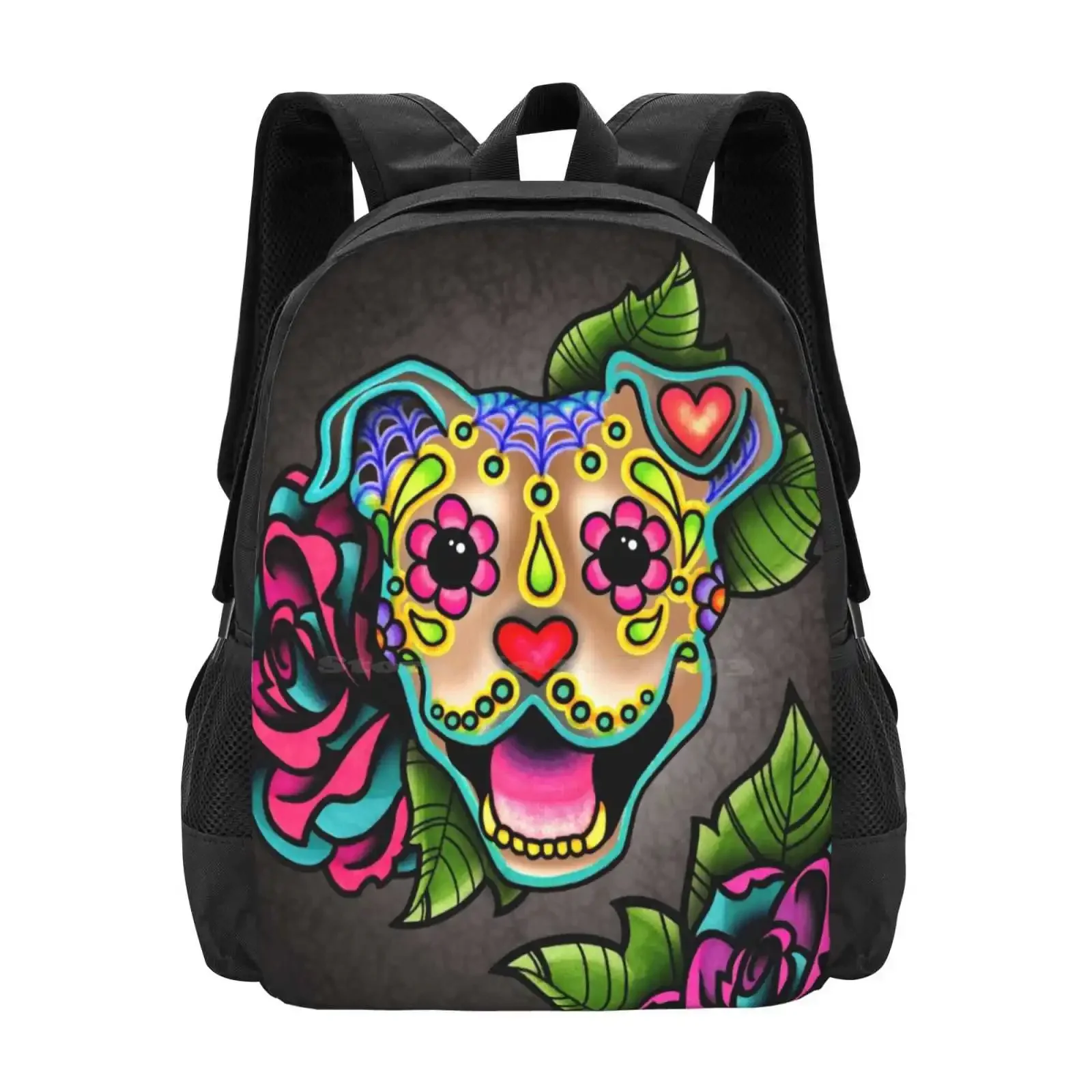 

Smiling Pit Bull In Fawn-Day Of The Dead Happy Pitbull-Sugar Skull Dog Fashion Pattern Design Travel Laptop School Backpack Bag
