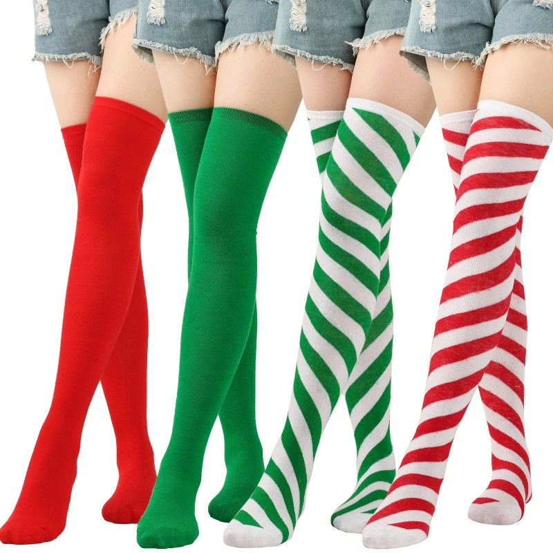 Women Over Knee Socks Christmas Diagonal Striped Christmas Thigh High Stockings