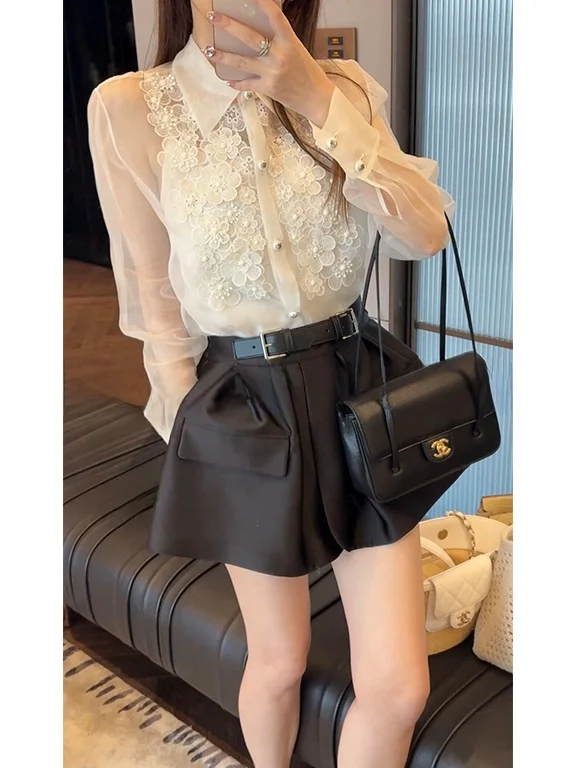 

Комплект из трех предметов: женская рубашка из плотной ткани, лето 2026, новый стиль, с цветочной вышивкой, дышащий полиэстер, повседневная рабочая одежда