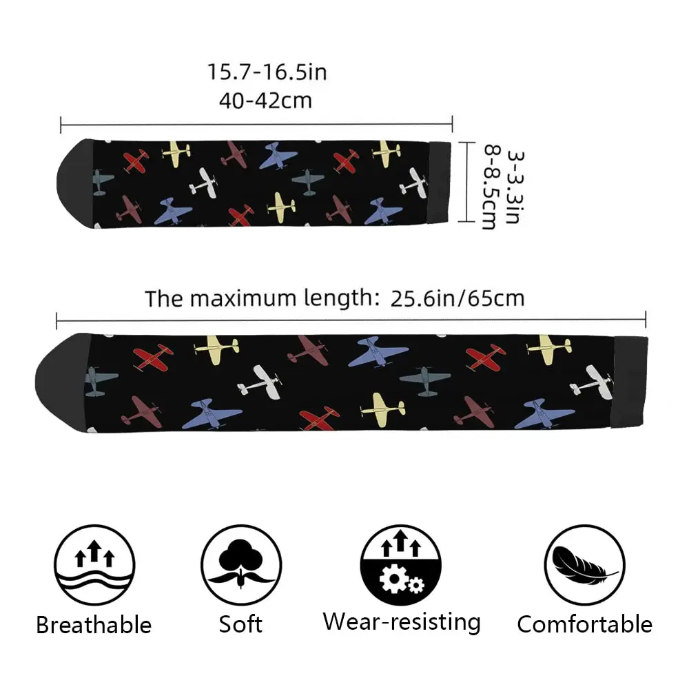 Retro War Planes Pattern Funny Socks Military Old Aeroplane Abstract Fighter Novelty Casual Crew Socks Contrast Color Design